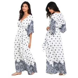 Lulus South of France Blue and Ivory Print Kimono V-Neck Maxi Dress XS Coastal
